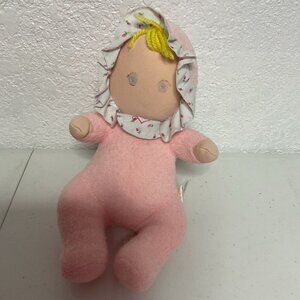 VTG AMTOY Baby Soft Touch Pink Terry/Rosebud Bib Bonnet Doll 1980